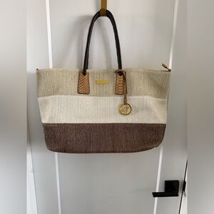 Avanti Beige and Brown Woven Tote with Gold Charm